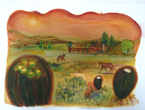 "On the Syncona Mesa, Coyotes are resident Guardens." 23x33" by Bernard Stanley Hoyes